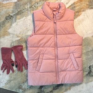 Girls Pink Puffer Vest with Matching Gloves